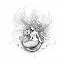 mermaid, message in a bottle, beach, tropical flowers  tattoo design idea