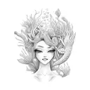 mermaid, message in a bottle, beach, tropical flowers  tattoo design idea