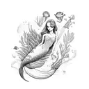 mermaid, message in a bottle, beach, tropical flowers  tattoo design idea