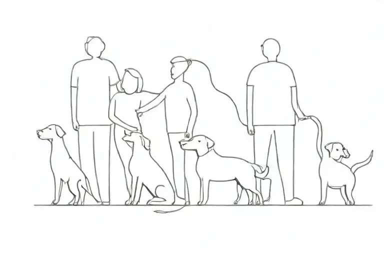 abstract mum, dad, son, son, daughter and 2 dogs tattoo design idea