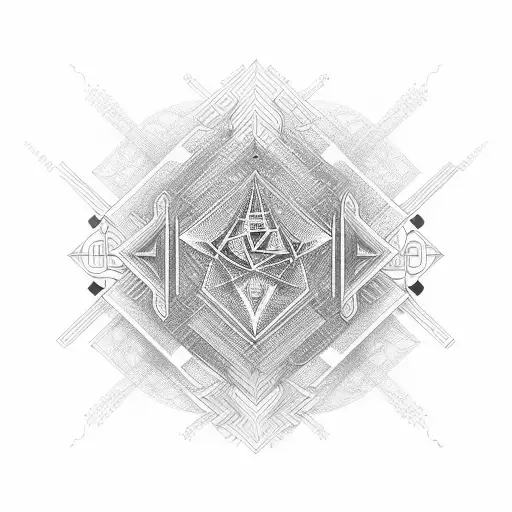 An intricate geometric design incorporating musical notes and computer code elements tattoo design idea