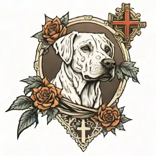 3 crosses that fade into white lab dog with sun  tattoo design idea