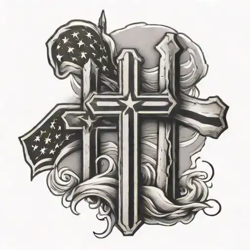 three crosses with American flag waving tattoo design idea