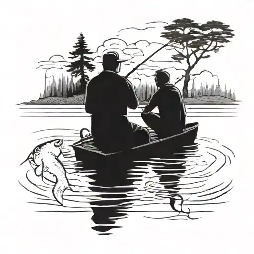 A father and son fishing together on a peaceful lake, symbolizing the bond between them and the passing down of knowledge and skills tattoo design idea