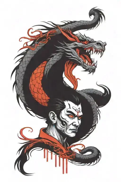 oni with phoenix and dragon snake fighting, split face geisha and samurai tattoo design idea