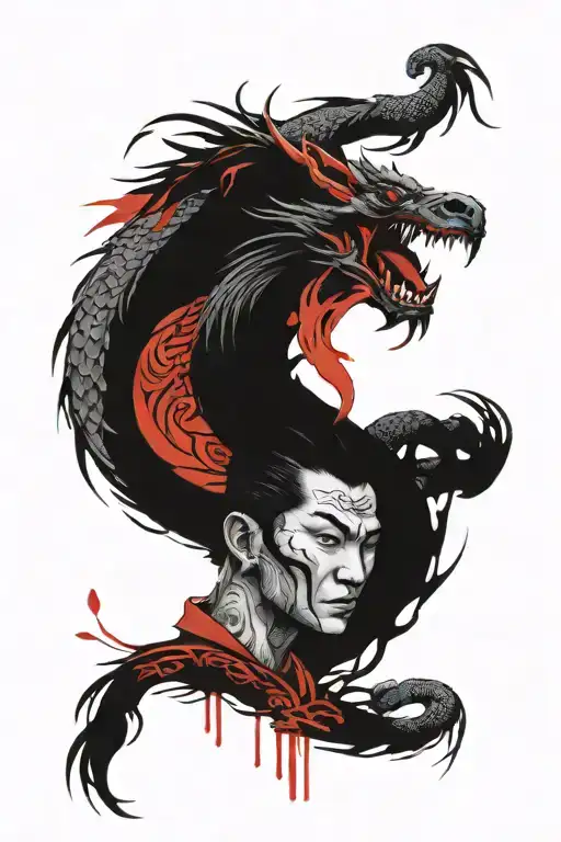 oni with phoenix and dragon snake fighting, split face geisha and samurai tattoo design idea
