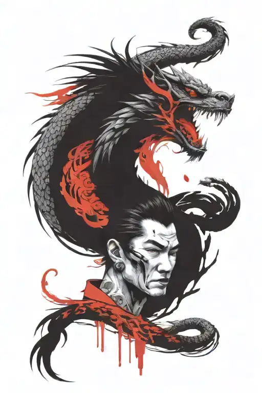 oni with phoenix and dragon snake fighting, split face geisha and samurai tattoo design idea