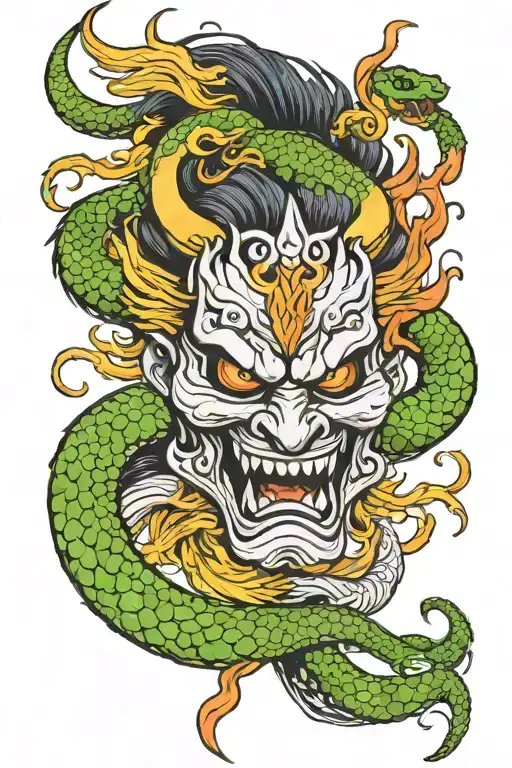 oni mask with phoenix and dragon snake fighting, split face of a geisha and samurai tattoo design idea