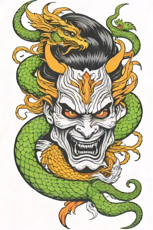 split face of a geisha and samurai with a phoenix and snake dragon wrapped around fighting tattoo design idea