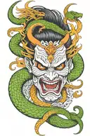 split face of a geisha and samurai with a phoenix and snake dragon wrapped around fighting tattoo design idea