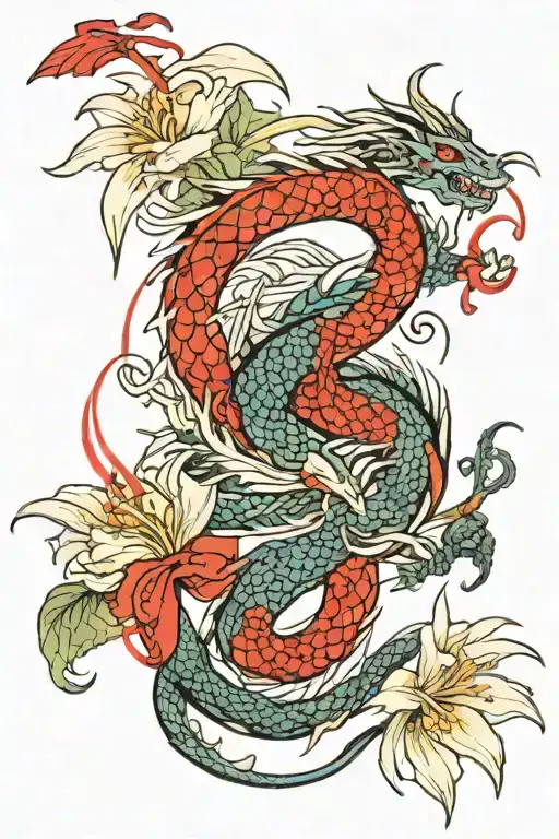 dragon, katana, lucky charm hanging from one, spider lily tattoo design idea