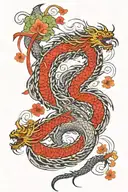 dragon, katana, lucky charm hanging from one, spider lily tattoo design idea