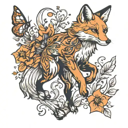 full-length fox jumping with butterflies and flowers tattoo design idea
