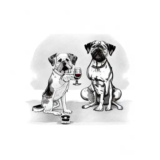 2 dogs facing eachother, one holding a beer and the other a wine glass tattoo design idea