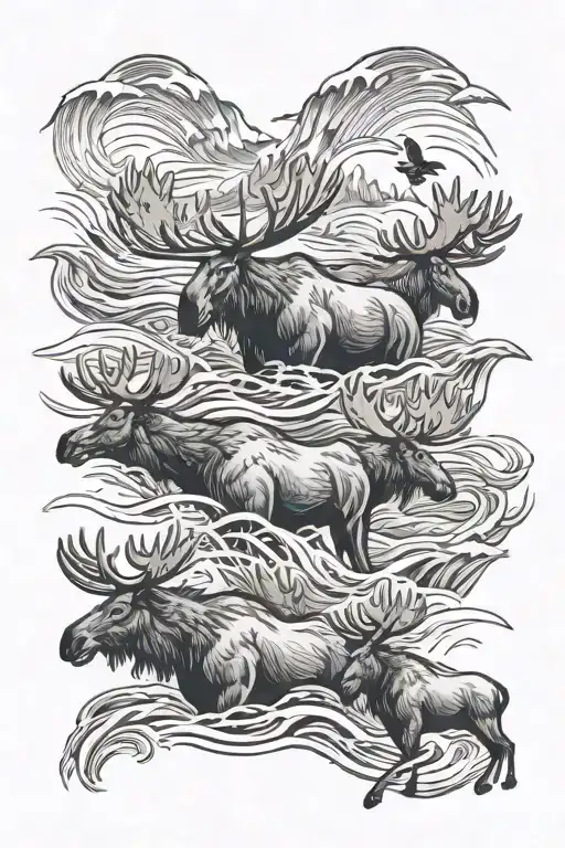 4 moose next to each other, flying birds, waves in a river  tattoo design idea