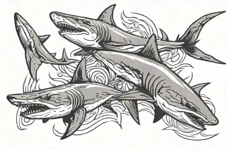 thrasher shark and hammerhead sharks swimming  tattoo design idea
