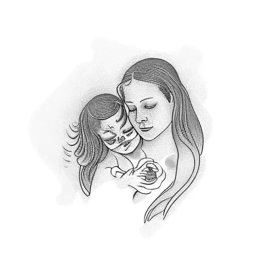 A tattoo depicting a mother and child in a loving embrace, symbolizing the strong bond between them tattoo design idea