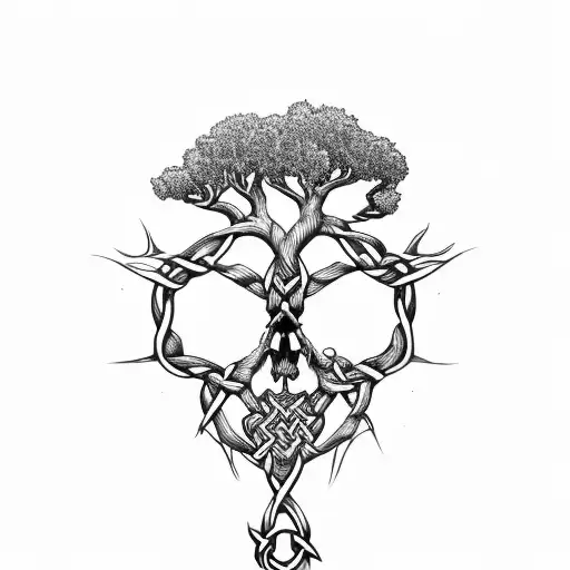 Celtic Knot Oak Tree Rose Skull tattoo design idea