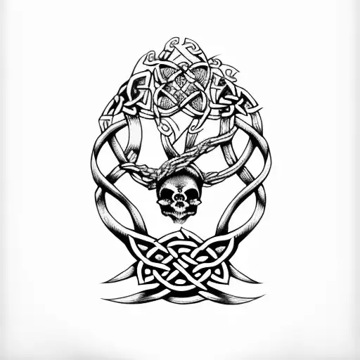 Celtic Knot Oak Tree Rose Skull tattoo design idea
