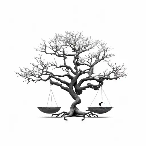 Libra Scales as Oak Tree with Roots, with sun and moon on each side and "Nora, Eva, Jackson" carved into the tree tattoo design idea