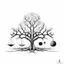 Libra Scales as Oak Tree with Roots, with sun and moon on each side tattoo design idea