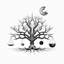 Libra Scales as Oak Tree with Roots, with sun and moon on each side tattoo design idea