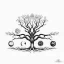 Libra Scales as Oak Tree with Roots, with sun and moon on each side tattoo design idea