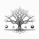 Libra Scales as Oak Tree with Roots, with sun and moon on each side tattoo design idea