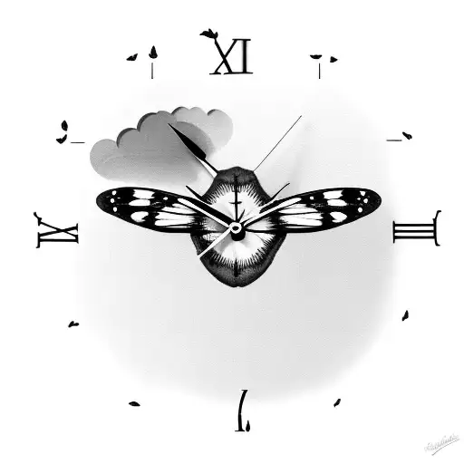 Butterfly perched on a clock hand with clouds and shades tattoo design idea