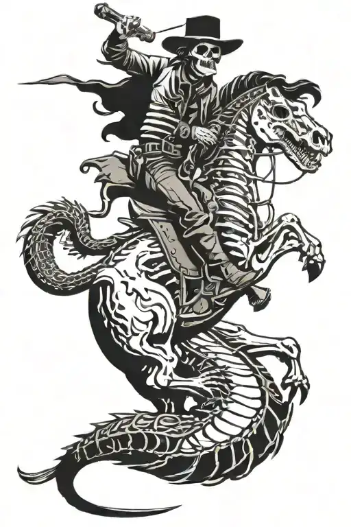 skeleton cowboy riding a skeleton horse wrangling a skeleton alligator  tattoo design idea
