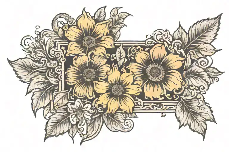 antique frame around marigold, sunflower, and hibiscus  tattoo design idea