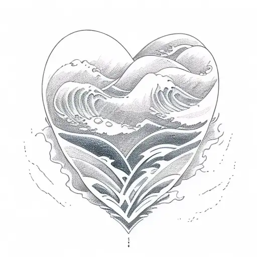 A sketch-style tattoo showcasing two waves breaking and forming a heart, with emphasis on thin and delicate lines tattoo design idea