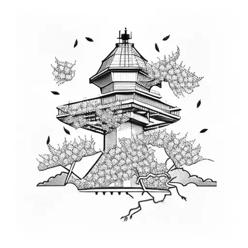 A radio tower surrounded by blooming cherry blossom trees tattoo design idea