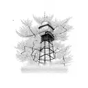 A radio tower surrounded by blooming cherry blossom trees tattoo design idea
