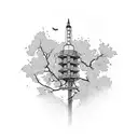 A radio tower surrounded by blooming cherry blossom trees tattoo design idea