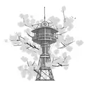 A radio tower surrounded by blooming cherry blossom trees tattoo design idea