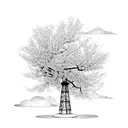 A radio tower surrounded by blooming cherry blossom trees tattoo design idea