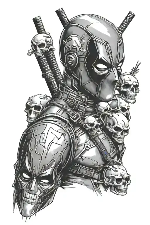 Deadpool with skulls tattoo design idea