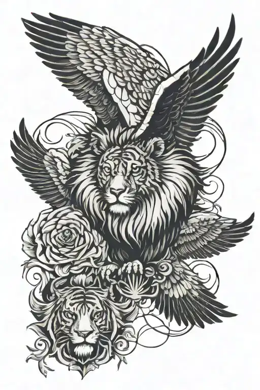 3/4 sleeve with lion's head at the top, a tiger's head underneath, and eagle head and wings under tattoo design idea