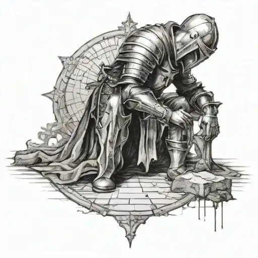 A gothic templar knight on one knee inside church before christ tattoo design idea