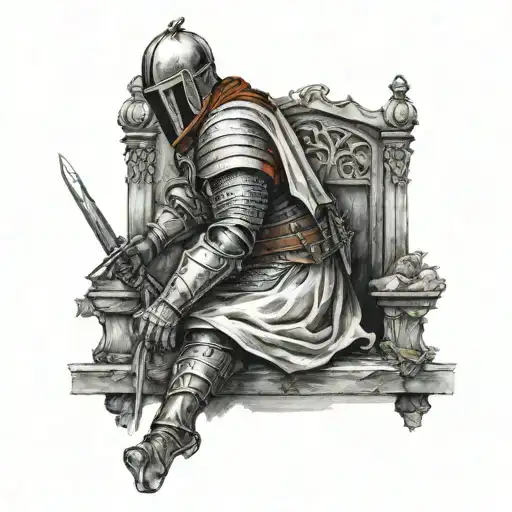 A gothic templar knight inside church kneeling before God tattoo design idea