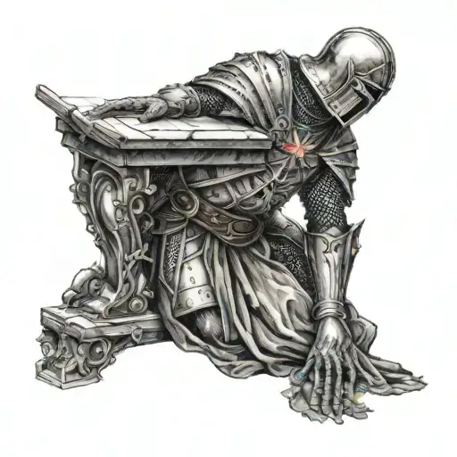 A gothic templar knight inside church kneeling before christ tattoo design idea