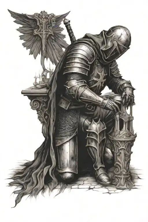 A gothic templar knight inside church kneeling before God tattoo design idea