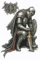 A gothic templar knight inside church kneeling before God tattoo design idea
