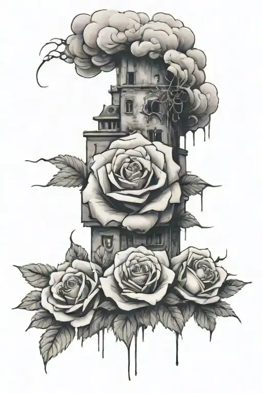 in the background a building as if it was bombed and rescue teams at its bottom. In the front, an inflamed rose about 1/ tattoo design idea