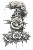 in the background a building as if it was bombed and rescue teams at its bottom. In the front, an inflamed rose about 1/ tattoo design idea