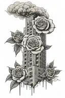 in the background a building as if it was bombed and rescue teams at its bottom. In the front, an inflamed rose about 1/ tattoo design idea