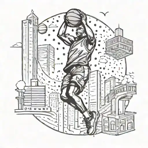 A basketball player shooting hoops on a skyline of skyscrapers with money raining down tattoo design idea