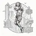 A basketball player shooting hoops on a skyline of skyscrapers with money raining down tattoo design idea
