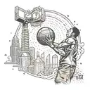 A basketball player shooting hoops on a skyline of skyscrapers with money raining down tattoo design idea